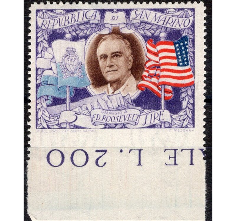 1947 - Roosevelt 5 £ non dent. in basso bordo di foglio, n° 303dda. Cat. € 110 (*)