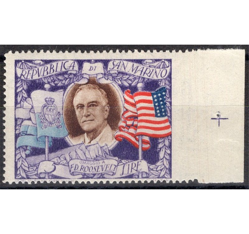 1947 - Presidente Roosevelt 5 £ non dent. a destra bordo di foglio, n° 303e. Cat. € 110 (*)