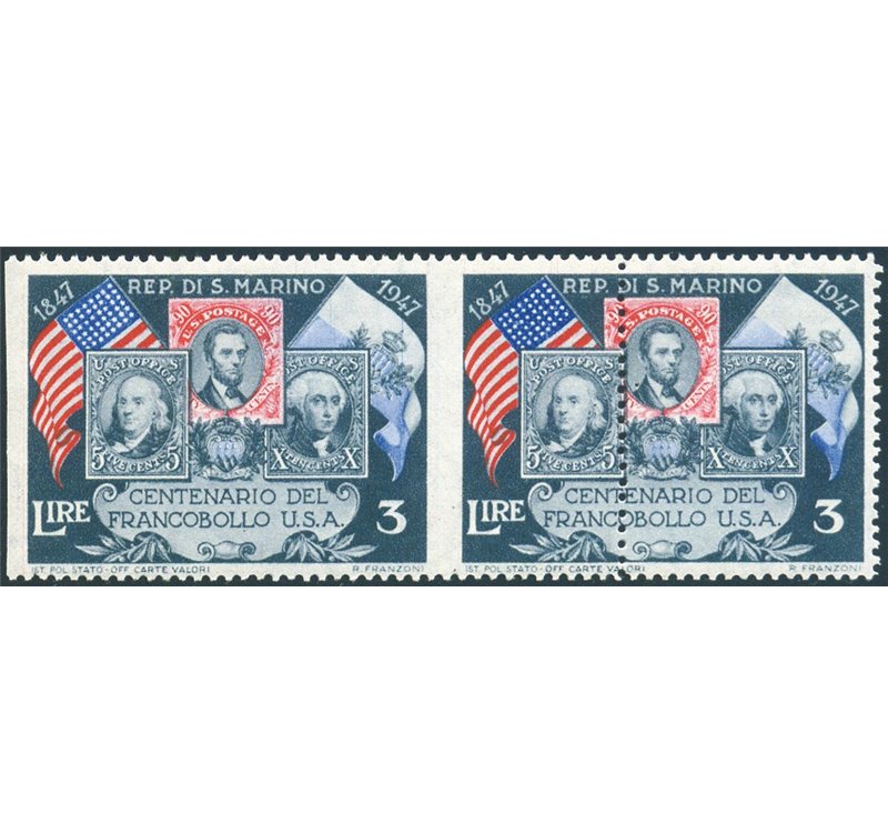 1947 - 50° Anniv. del Francobollo Americano coppia del 3 £ non dentellata a sinistra e la dentellatura centrale fortemente spost