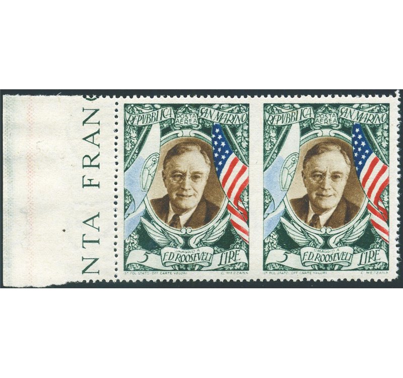 1947 - Presidente Roosevelt coppia del 5 £ non dent. al centro, P.A. n° 63ec. Timbrino Bolaffi. Cert.: IC. Cert.: Biondi. Cat. €