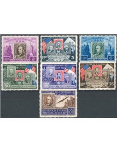 1947 - 100° Anniv. del Francobollo U.S.A., serie n° 330/35 + P.A. 75. Cat. € 35 (**)