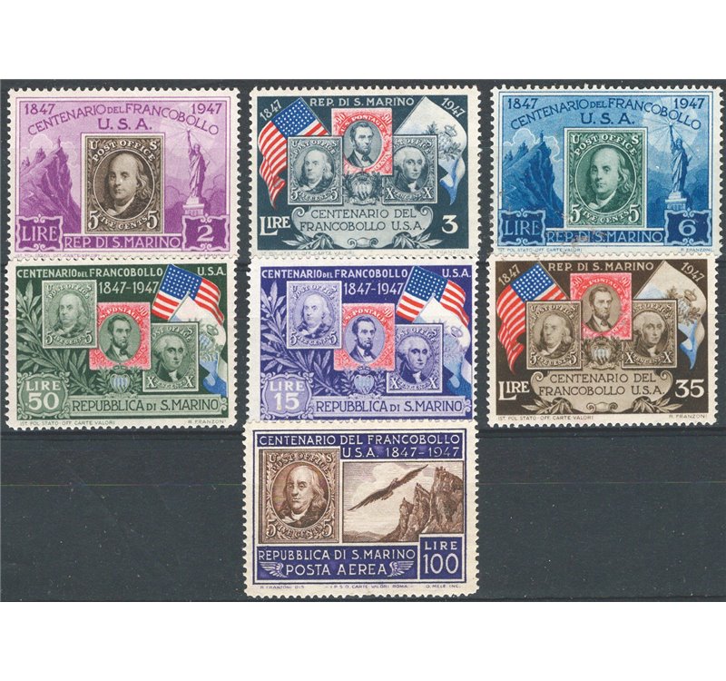 1947 - 100° Anniv. del Francobollo U.S.A., serie n° 330/35 + P.A. 75. Cat. € 35 (**)