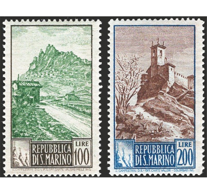 1949 - Paesaggi 100 £ grigio e verde e 200 £ azzurro e bruno dent. 14x13, serie n° 354I/355I. Firm.: Raybaudi. Cat. € 550 (**)