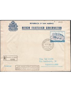 29/12/1949 - Raccomandata FDC da S. Marino per Valdobbiadene affrancata con U.P.U., n° 366