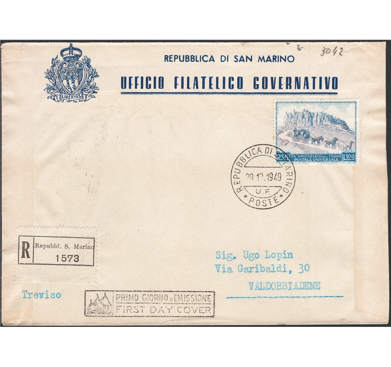 29/12/1949 - Raccomandata FDC da S. Marino per Valdobbiadene affrancata con U.P.U., n° 366