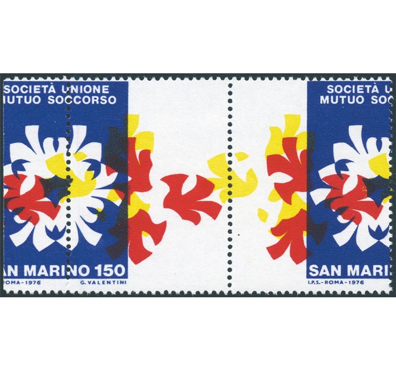 1976 - Mutuo soccorso 150 £ coppia con interspazio di gruppo con dentellatura verticale e colori fortemente spostati. Cert.: IC.