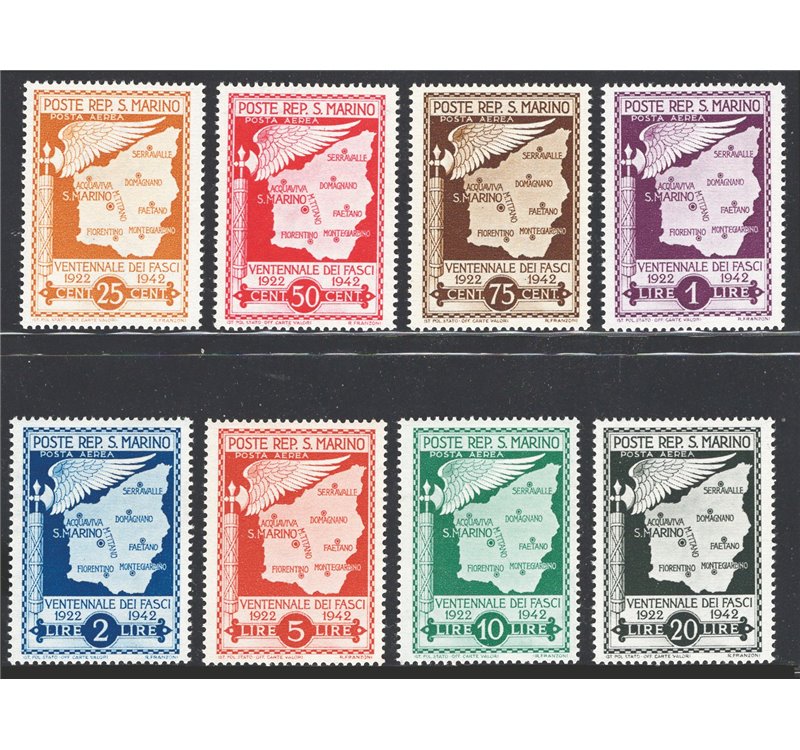 1943 - P.A. Ventennale fasci non emessi, serie n° 26/33. Cert.: IC. Cert.: RD. Cat. € 10.000 (**)