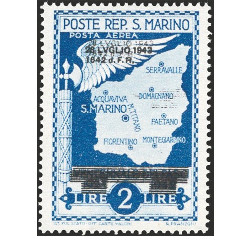 1943 - P.A. Caduta del fascismo 2 £ con doppia soprast., n° 38a. Firm.: Raybaudi. Cat. € 65 (**)