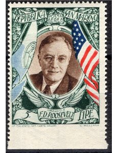 1947 - P.A. Roosevelt 5 £ non dent. in basso bordo di foglio, n° 63dda. Cat. € 80 (*)