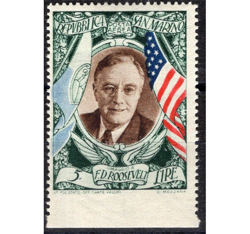 1947 - P.A. Roosevelt 5 £ non dent. in basso bordo di foglio, n° 63dda. Cat. € 80 (*)