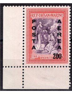 1948 - P.A. Alberoniana 25 £ carminio e violetto con soprast. "Posta Aerea 200", n° 76 angolo di foglio. Cat. € 70 (**)