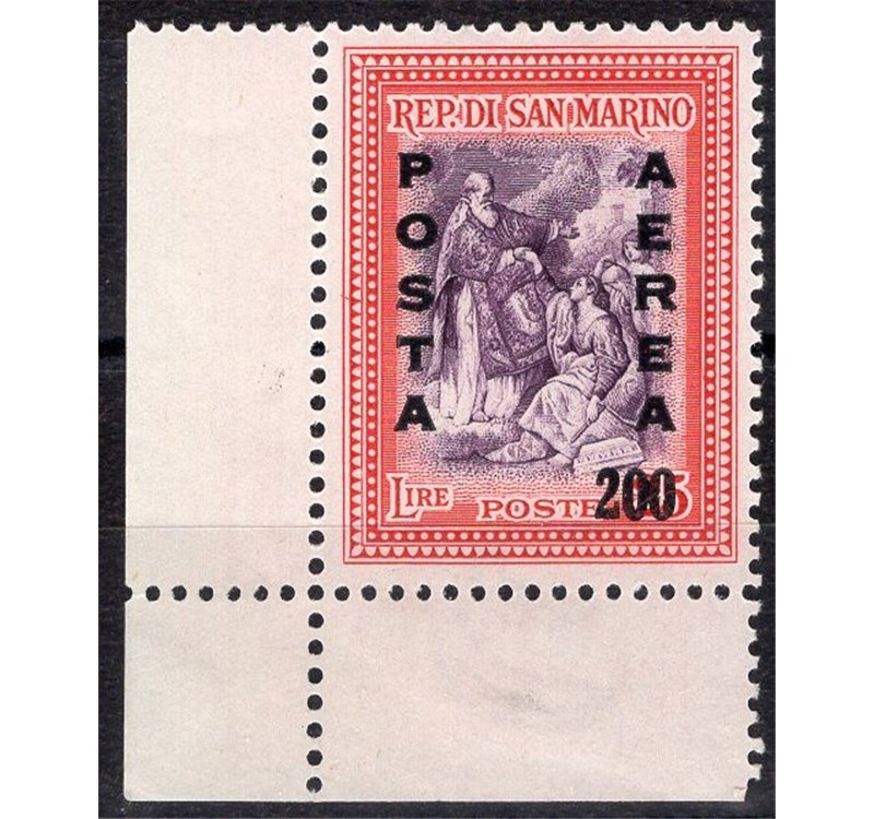 1948 - P.A. Alberoniana 25 £ carminio e violetto con soprast. "Posta Aerea 200", n° 76 angolo di foglio. Cat. € 70 (**)