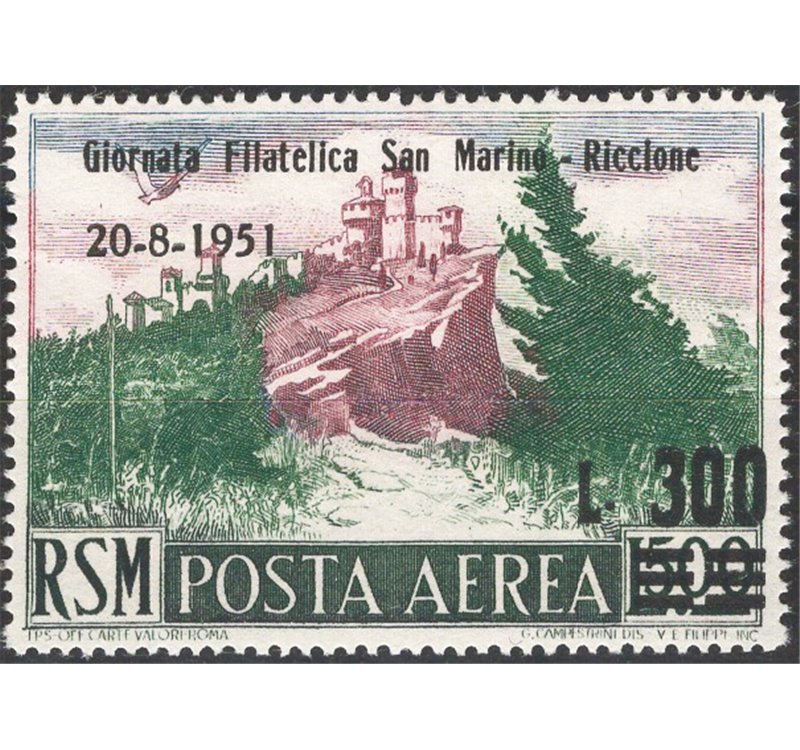 1951 - P.A. III Giornata Filatelica S. Marino - Riccione 300 £ su 500, n° 98. Cat. € 80 (**)