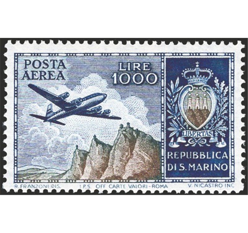 1954 - P.A. Aereo 1.000 £ azzurro e oliva, n° 112. Cat. € 200 (**)