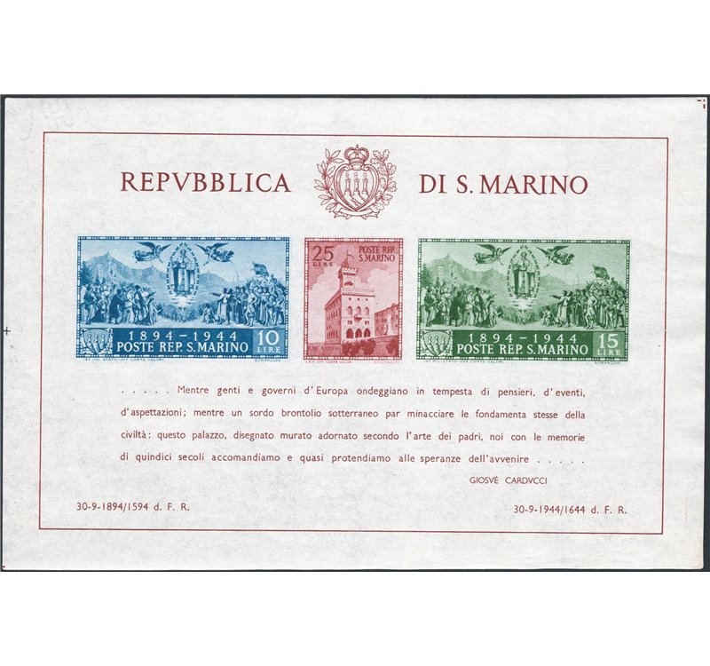 1945 - BF Carducci i due foglietti dent. e non dent., serie n° 6/7. Cat. € 350 (**) 
