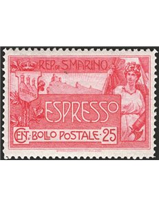 1907 - Espressi Allegoria e Veduta 25 c. rosa carminio, n° 1 con ottima centratura. Cert.: IC. Cat. € 525 (**)
