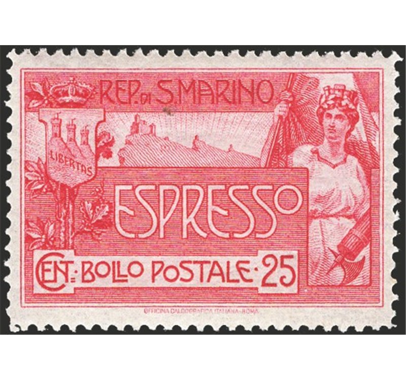 1907 - Espressi Allegoria e Veduta 25 c. rosa carminio, n° 1 con ottima centratura. Cert.: IC. Cat. € 525 (**)