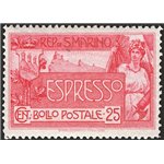 1907 - Espressi Allegoria e Veduta 25 c. rosa carminio, n° 1 con ottima centratura. Cert.: IC. Cat. € 525 (**)