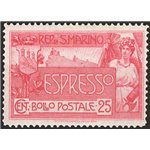 1907 - Espressi Allegoria 25 c. rosa carminio, n° 1. Cat. € 175 (**)