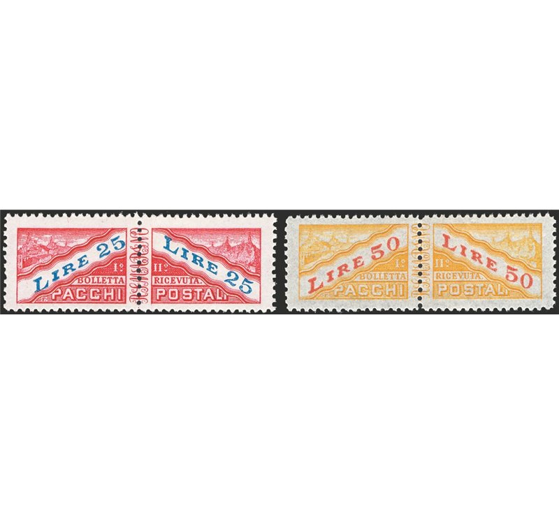 1946 - Pacchi cifra e veduta 25 £ + 50 £, serie n° 31/32. Cat. € 200 (**)