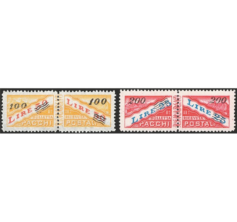 1948/50 - Pacchi postali alti valori con soprast. del nuovo valore 100 £ su 50 giallo e rosso e 200 £ su 25 carminio ed azzurro,