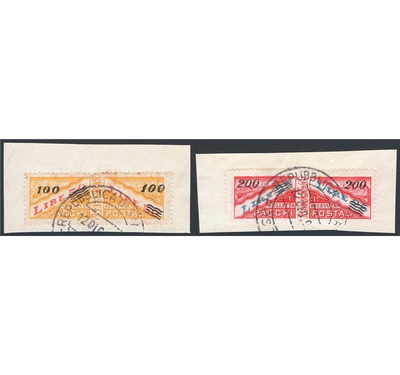 1948/50 - Pacchi postali alti valori con soprast. del nuovo valore 100 £ su 50 giallo e rosso e 200 £ su 25 carminio ed azzurro,