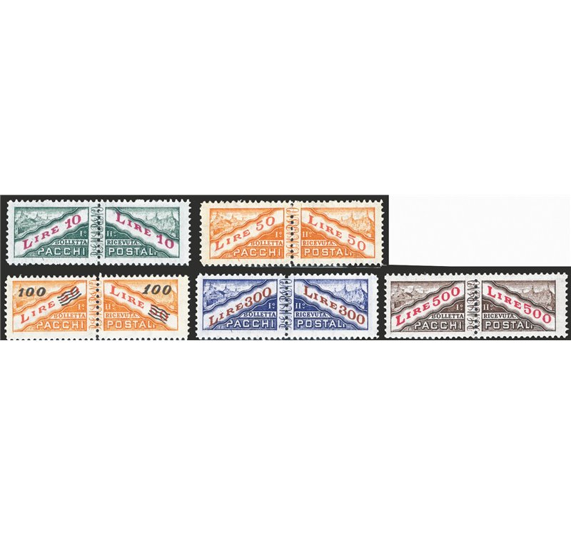 1956/61 - Pacchi postali cifra e vedute con filigrana stelle, serie n° 37/41. Cat. € 75 (**)
