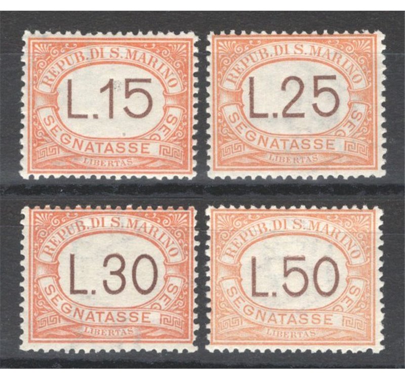 1927/28 - Segnatasse cifra alti valori complementari, serie n° 28/31. Cert.: IC. Cat. € 400 (**)