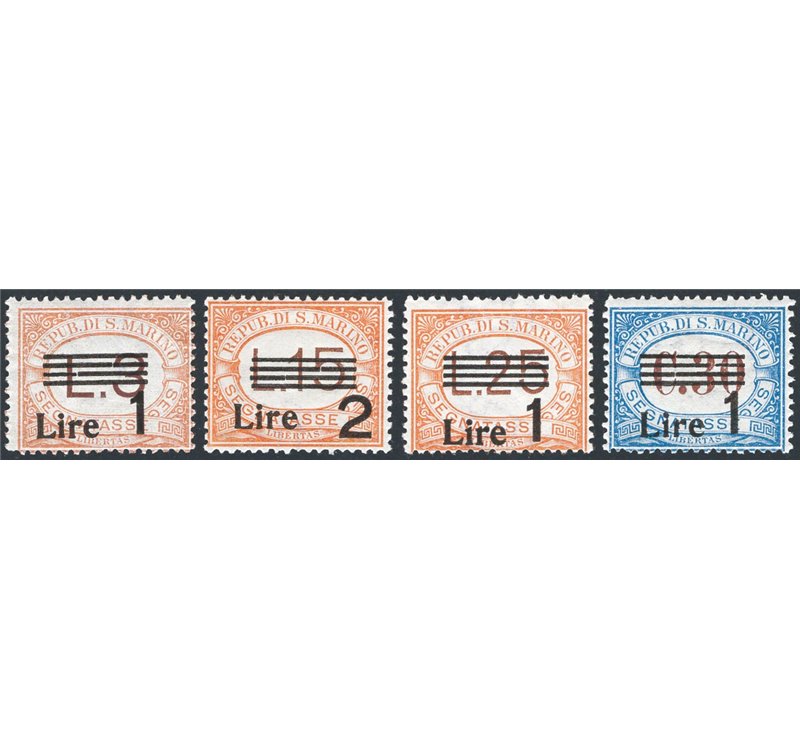 1936/39 - Segnatasse soprast. con nuovo valore, serie n° 50/53. Cert.: IC. Cat. € 1.500 (**)