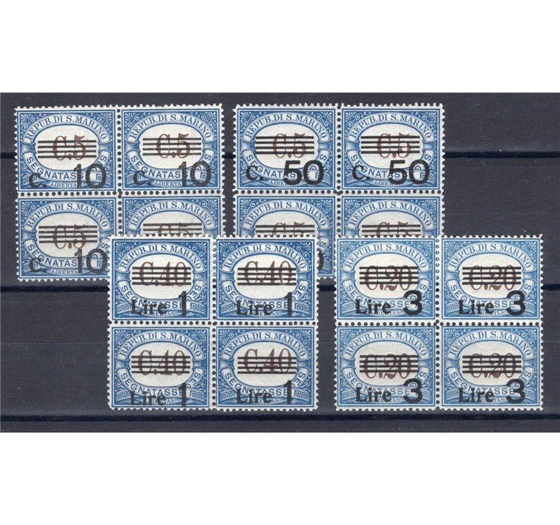 1940 - Segnatasse del 1939 con nuovi valori in soprastampa, serie n° 60/63 in quartina ottimamente centrati Cert.: IC. Cat. € 1.