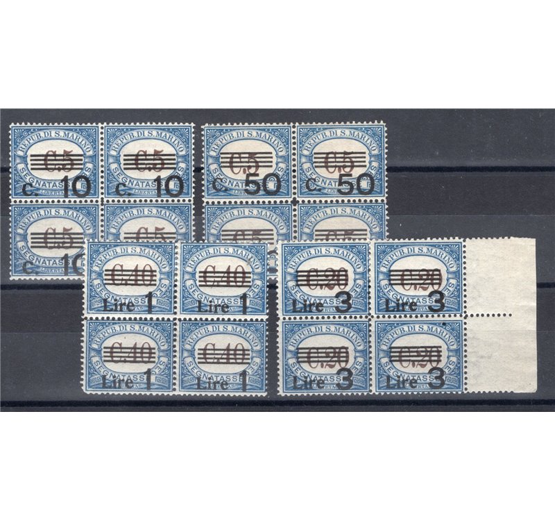 1940 - Segnatasse del 1939 con nuovi valori in soprastampa, serie n° 60/63 in quartina. Cert.: IC. Cat. € 900++ (**)