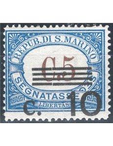 1940 - Segnatasse varietà, 10 c. su 5 c. azzurro con soprastampa fortemente spostata in basso, il francobollo risulta più grande