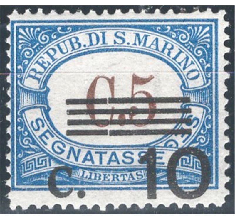 1940 - Segnatasse varietà, 10 c. su 5 c. azzurro con soprastampa fortemente spostata in basso, il francobollo risulta più grande