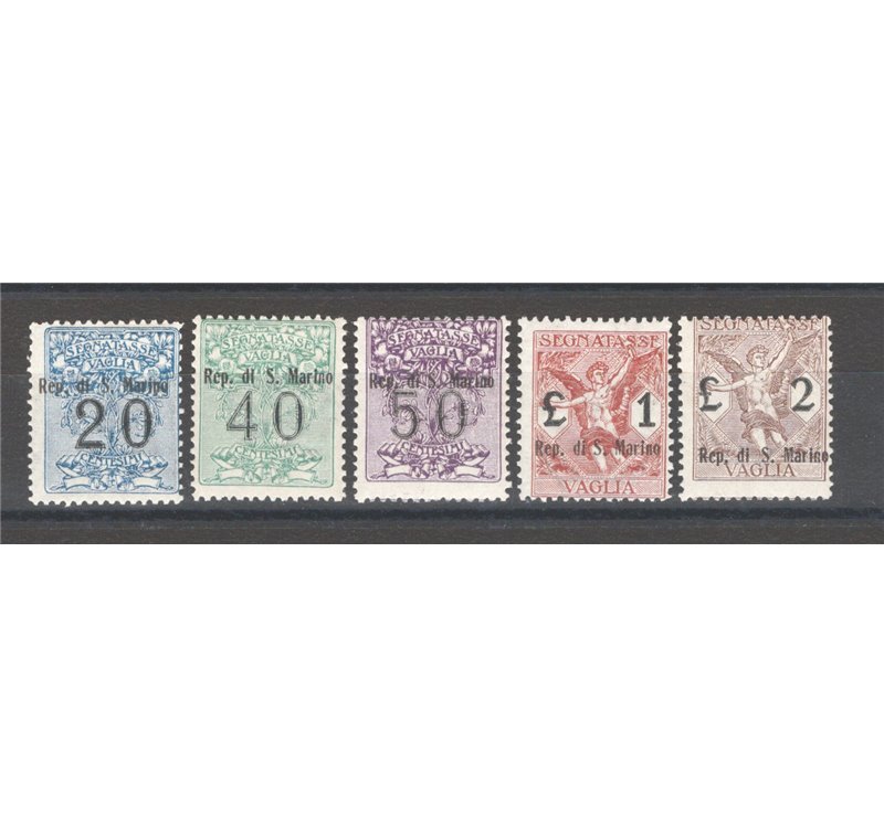 1924 - Segnatasse vaglia del Regno soprast. "Rep. di San Marino" senza il 3 £, n° 1/5. Cert.: IC. Cat. € 3.750 (**)