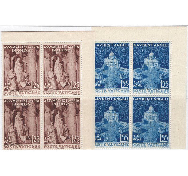 1951 - Dogma assunzione, serie n° 143/44 in quartina d'angolo. Cat. € 80+ (**)