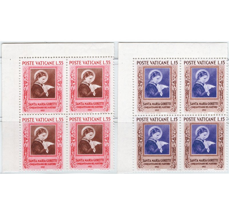 1953 - Santa Maria Goretti, serie n° 156/57 in quartina d'angolo. Cat. € 40 (**)