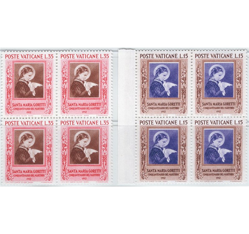1953 - Santa Maria Goretti, serie n° 156/57 in quartina con filigrana lettere verticale (**)