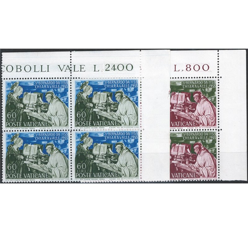 1953 - S. Bernardo, serie n° 171/72 in quartina d'angolo. Cat. € 44+ (**)