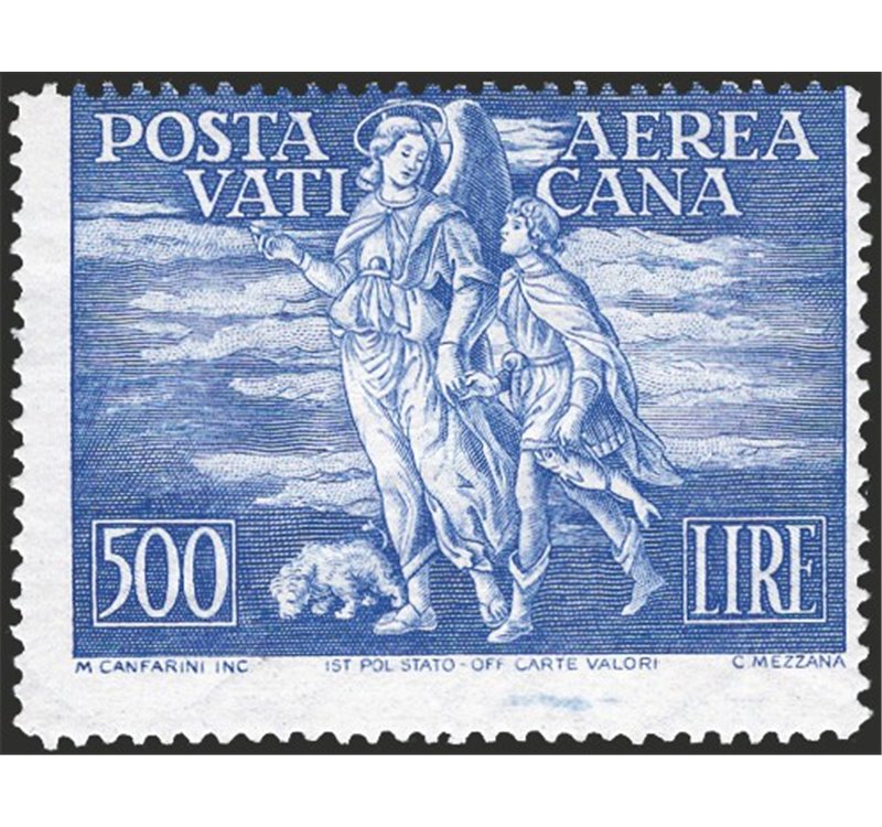 1948 - P.A. Tobia 500 £ oltremare con dentellatura fortemente spostata in senso verticale e filigrana lettere 10/10 (la filigran