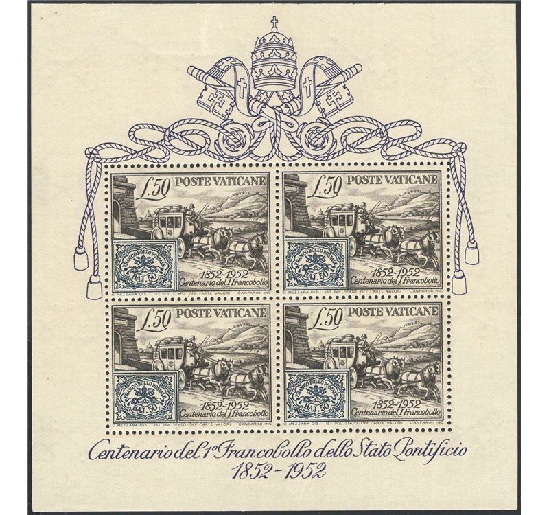1952 - BF Centenario del Francobollo, n° 1. Cert.: IC. Cat. € 325 (**)