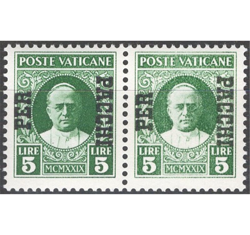 1931 - Pacchi postali Conciliazione 5 £ verde, coppia orizzontale che presenza l'esemplare di destra con varietà verde chiaro, n