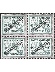 1931 - Segnatasse 10 c. verde scuro su verde in quartina con la stampa del riquadro di “T” fortemente spostata a sinistra, n° 2b