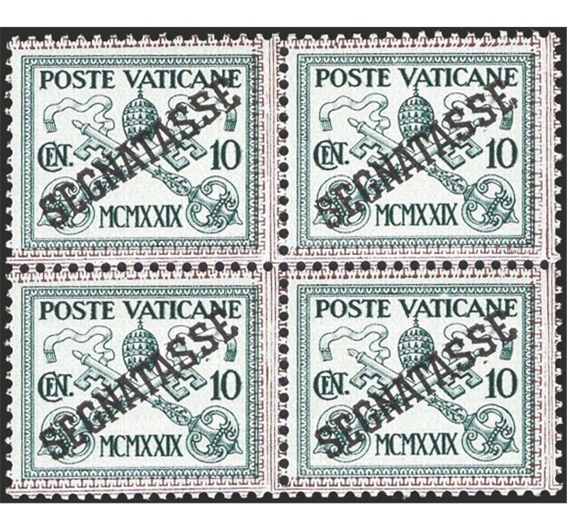 1931 - Segnatasse 10 c. verde scuro su verde in quartina con la stampa del riquadro di “T” fortemente spostata a sinistra, n° 2b