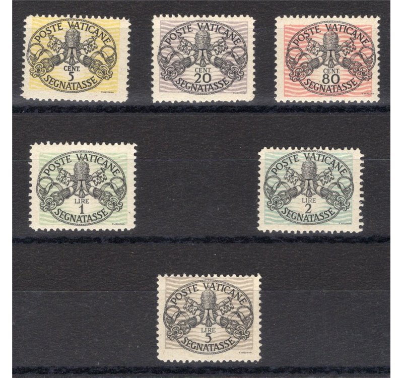 1946 - Segnatasse Triregno e Chiavi Decussate con righe larghe su carta bianca, serie n° 13/18. Cert.: IC. Cat. € 1.000 (**)