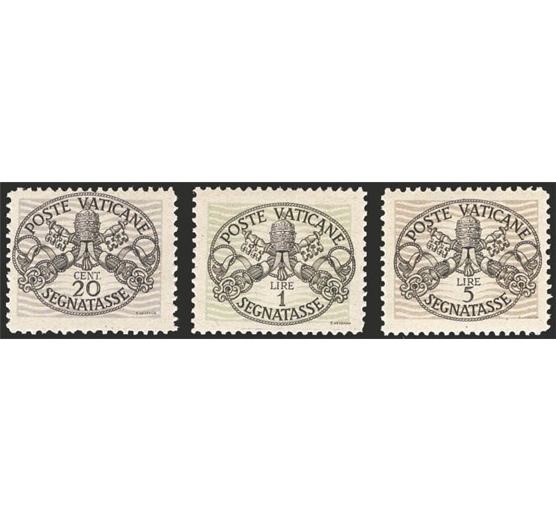 1946 - Segnatasse Triregno e chiavi decussate con righe larghe su carta grigia, n° 14I-16I-18I. Cert.: IC. Cert.: Colla. Cat. € 