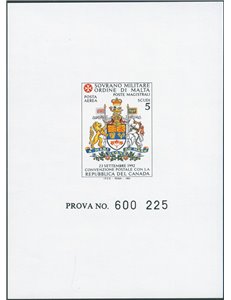 S.M.O.M. - 1993 - Convenzione Postale con il Canada, prova non dent. e non gommata del francobollo con l'errore "Repubblica del 