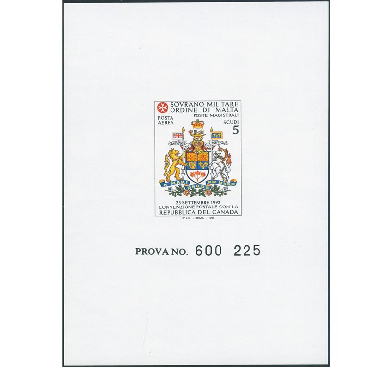 S.M.O.M. - 1993 - Convenzione Postale con il Canada, prova non dent. e non gommata del francobollo con l'errore "Repubblica del 