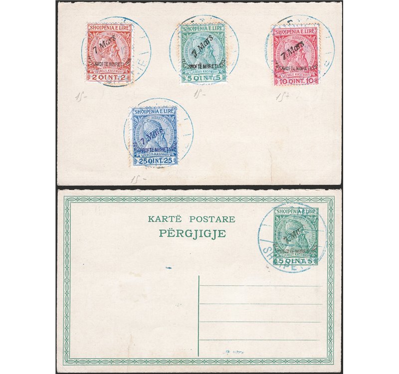 Albania - 1914 - Intero postale 5 qint. con soprast. "7 Mars...", al retro i n° 31/34 come affrancatura filatelica con la medesi