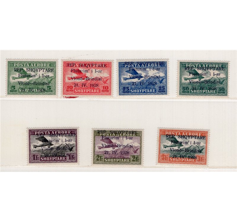 Albania - 1928 - P.A. Linea Postale Brindisi-Valona, serie n° 15/21. Cert.: IC. Cat. € 562,50 (**)