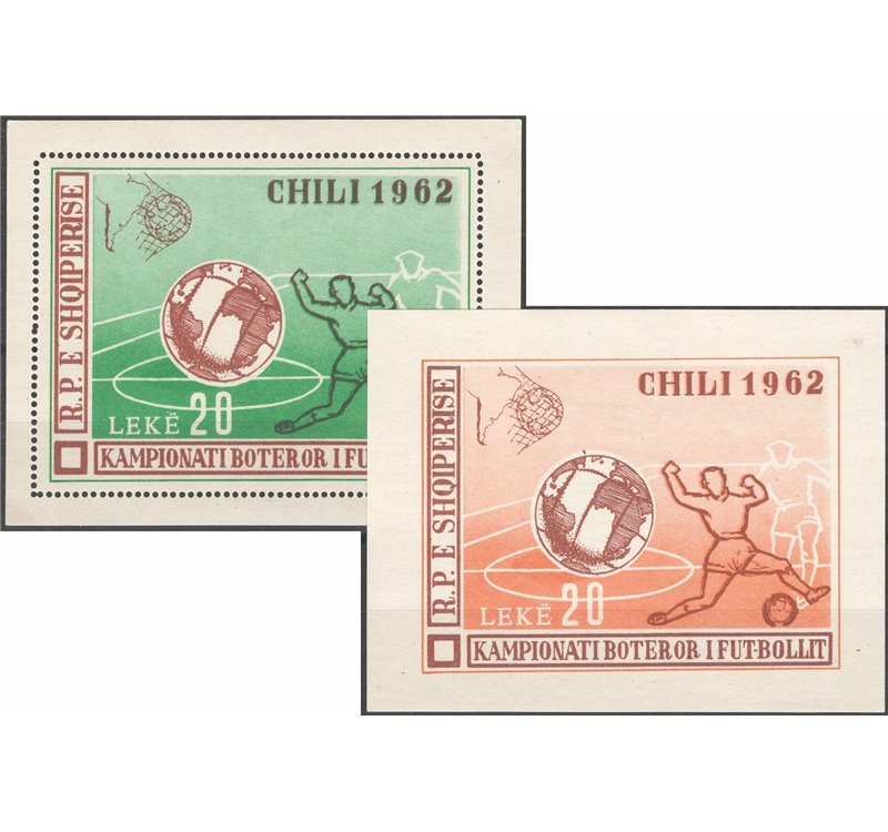 Albania - 1962 - BF Coppa del Mondo di Calcio in Cile, i due foglietti dent. e non dent., n° 6C + 6Ca. Cat. € 120 (**)